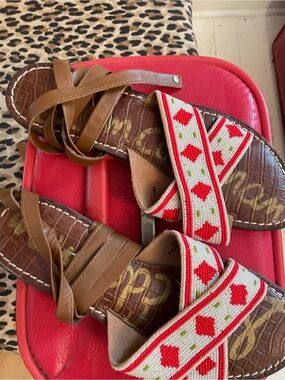 Sam Edelman Luisa Beaded Red & White Sandals with Brown Leather Cross-Strap